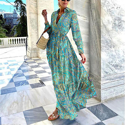 

Women's Swing Dress Maxi long Dress Green Red Light Blue Long Sleeve Floral Ruched Patchwork Print Fall Spring Shirt Collar Elegant Casual Boho Holiday 2021 S M L XL XXL / Beach