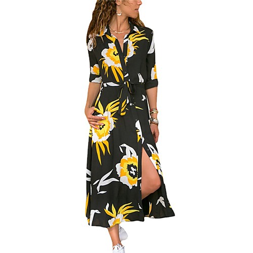 

Women's Swing Dress Midi Dress Gray Green Black Dark Blue Half-Sleeve Print Flower Spring Summer Casual 2021 S M L XL XXL XXXL