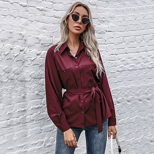 

Women's Blouse Shirt Plain Long Sleeve Pocket Button Shirt Collar Basic Streetwear Tops Wine Black