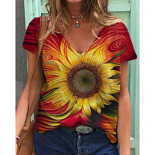 

Women's Floral Theme Abstract 3D Printed T shirt Floral Graphic 3D Print V Neck Basic Tops Purple Yellow Green