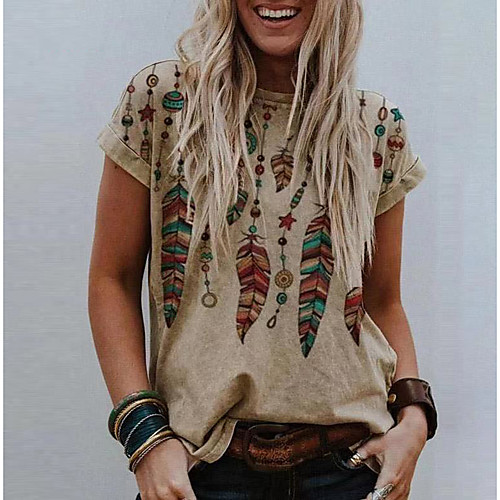 

Women's Painting T shirt Graphic Feather Print Round Neck Basic Tops Khaki