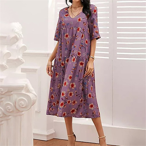 

Women's A Line Dress Midi Dress Blue Purple Gray Khaki Green Half Sleeve Floral Print Summer V Neck Casual 2021 S M L XL XXL 3XL 4XL 5XL