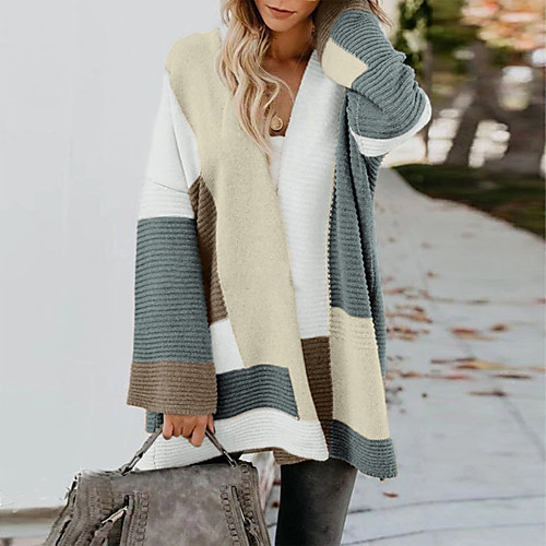 

Women's Color Block Pure Color Color Block Stripes Solid Color Cardigan Long Sleeve Sweater Cardigans Open Front Fall Spring Wine Red caramel Gray