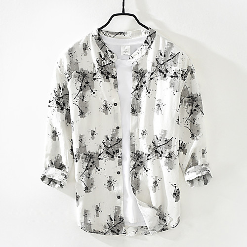 

Men's Shirt Ink Painting Button-Down 3/4 Length Sleeve Casual Tops Lightweight Casual Fashion Breathable White Black