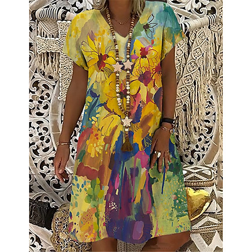 

Women's T Shirt Dress Tee Dress Knee Length Dress Yellow Short Sleeve Floral Print Summer V Neck Casual Holiday 2021 S M L XL XXL 3XL