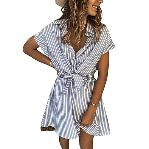 

Women's A Line Dress Short Mini Dress Gray Short Sleeve Striped Lace up Summer Shirt Collar Casual 2021 S M L XL / Cotton