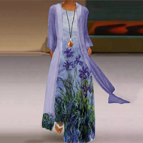 

Women's Two Piece Dress Maxi long Dress Purple Long Sleeve Floral Print Fall Round Neck Casual 2021 M L XL XXL 3XL 4XL 5XL