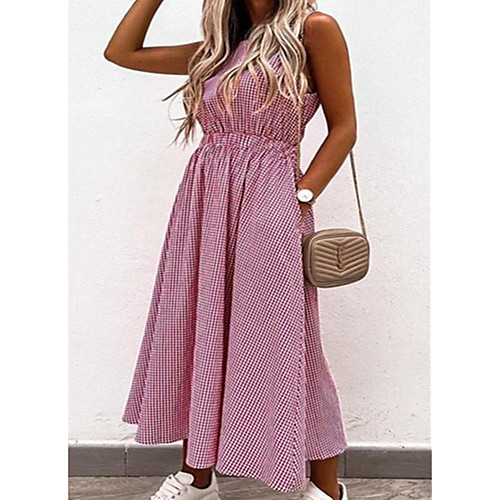 

Women's Swing Dress Maxi long Dress Light Blue Blushing Pink Grey khaki Red Navy Blue Beige Sleeveless Check Backless Elastic Waistband Spring Summer Round Neck Elegant 2021 S M L XL XXL