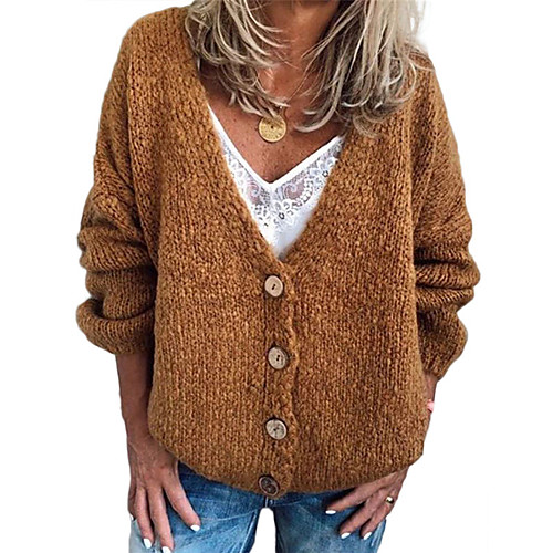 

Women's Stylish Button Solid Color Cardigan Sweater Long Sleeve Sweater Cardigans V Neck Fall Winter Gray Khaki Black