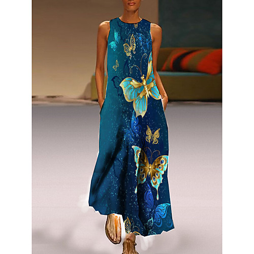 

Women's Shift Dress Maxi long Dress Blue Sleeveless Butterfly Animal Print Spring Summer Round Neck Casual Holiday 2021 S M L XL XXL 3XL