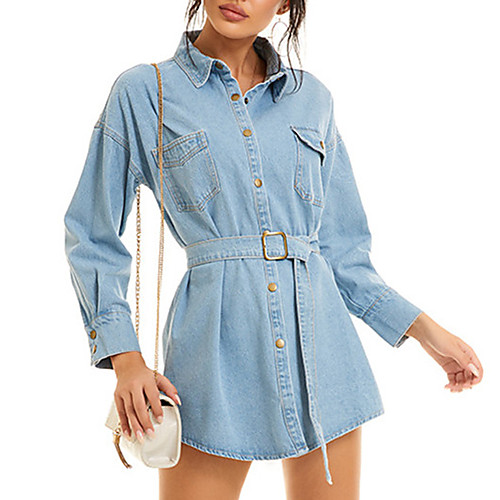 

Women's Denim Dress Short Mini Dress Blue Black Long Sleeve Solid Color Pocket Button Fall Winter Shirt Collar Elegant Vintage Streetwear Holiday Retro S M L XL / Cotton / Cotton