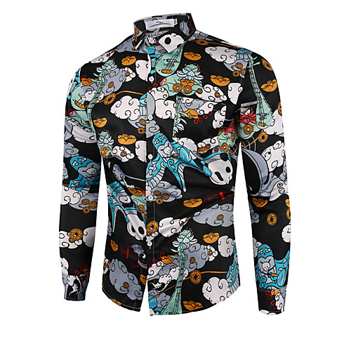 

Men's Shirt Other Prints Cartoon Color Block Geometry Print Long Sleeve Daily Tops Cotton Basic Black