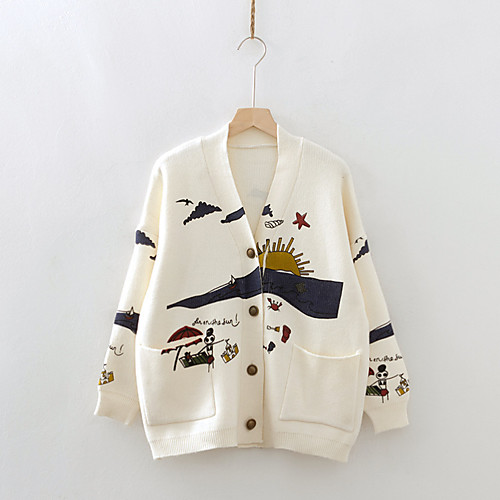 

Women's Graphic Solid Color Cardigan Long Sleeve Sweater Cardigans V Neck Light Pink khaki White