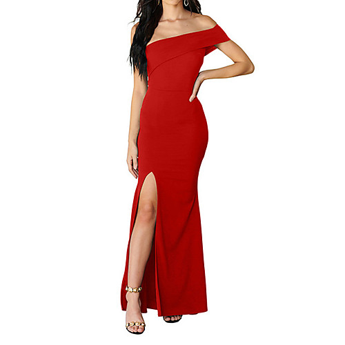 

Women's Swing Dress Maxi long Dress Royal Blue Black Red Sleeveless Solid Color Split Spring Summer One Shoulder Sexy 2021 S M L XL