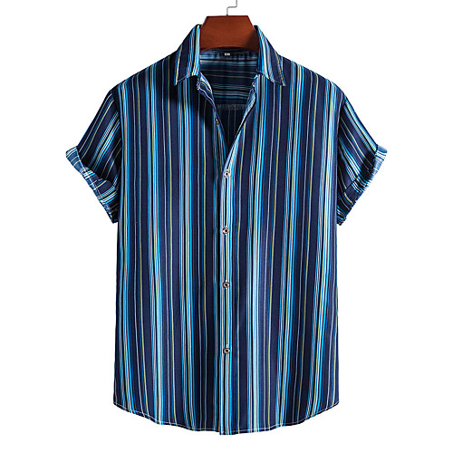 

Men's Shirt 3D Print Striped Print Short Sleeve Vacation Tops Beach Blue