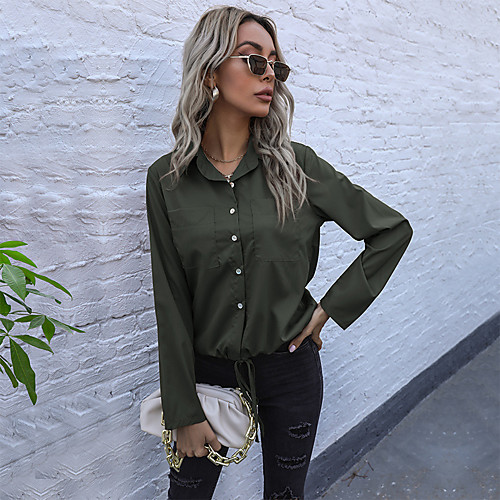 

Women's Blouse Shirt Plain Long Sleeve Drawstring Pocket Button Shirt Collar Basic Streetwear Tops Army Green Brown