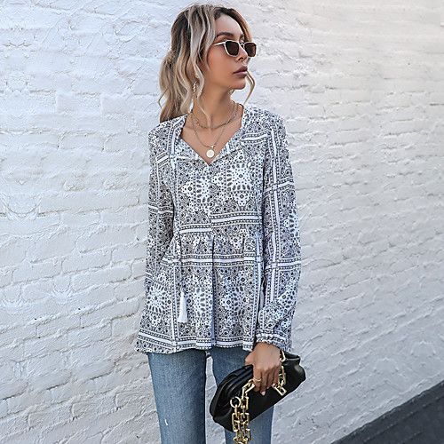 

Women's Blouse Shirt Graphic Long Sleeve Print V Neck Basic Streetwear Tops White Black