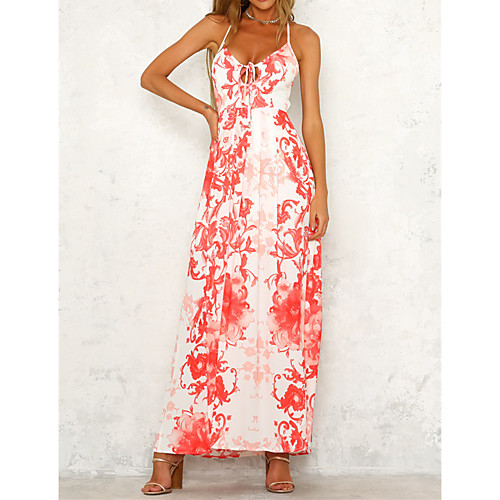 

Women's Swing Dress Maxi long Dress Red Sleeveless Flower Leaves Print Spring Summer Casual 2021 S M L XL XXL