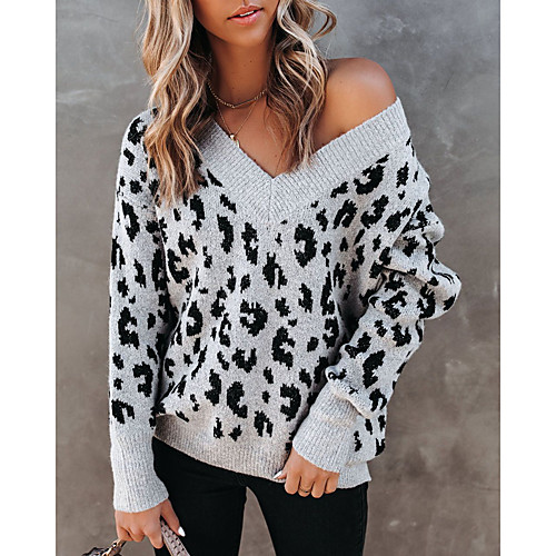 

Women's Casual Leopard Print Sweater Long Sleeve Sweater Cardigans V Neck Gray