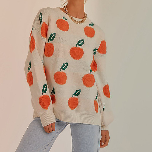 

Women's Stylish Fruit Sweater Long Sleeve Sweater Cardigans Crew Neck Fall Spring White Navy Blue