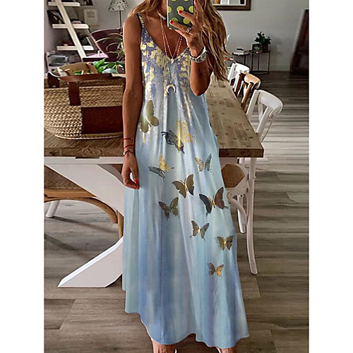 

Women's Swing Dress Maxi long Dress Light Blue Yellow Black Sleeveless Flower Print Spring Summer U Neck Casual 2021 S M L XL XXL 3XL 4XL 5XL