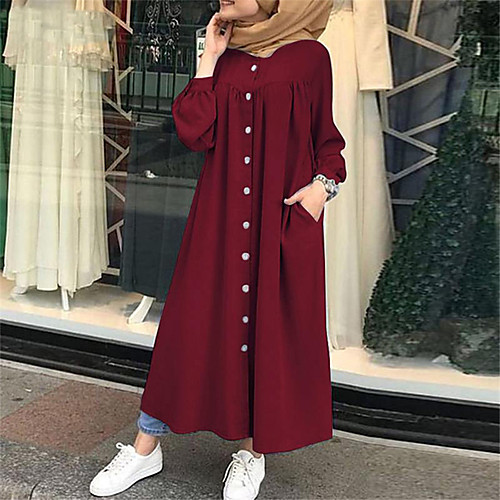 

Women's Swing Dress Maxi long Dress Blue Wine Dark Green Orange Navy Blue Long Sleeve Solid Color Button Fall Winter Turtleneck Elegant Casual 2021 S M L XL XXL 3XL 4XL 5XL