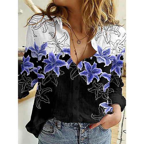 

Women's Floral Theme Blouse Shirt Color Block Flower Long Sleeve Button Print Shirt Collar Basic Tops Blue Purple Green