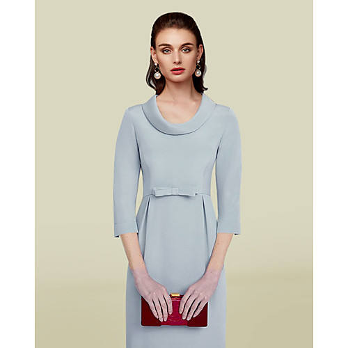 

Sheath / Column Mother of the Bride Dress Elegant Jewel Neck Tea Length Italy Satin 3/4 Length Sleeve with Sash / Ribbon Bow(s) 2021