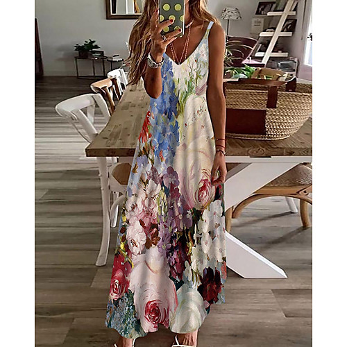 

Women's A Line Dress Maxi long Dress White Sleeveless Floral Print Print Spring Summer V Neck Casual Holiday 2021 S M L XL XXL 3XL