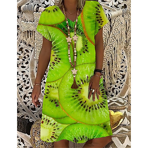 

Women's T Shirt Dress Tee Dress Knee Length Dress Green Short Sleeve Print Print Spring Summer V Neck Casual Holiday 2021 S M L XL XXL 3XL