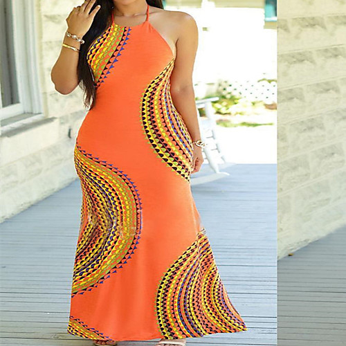 

Women's Sheath Dress Maxi long Dress Orange Dark Blue Sleeveless Multi Color Geometic Hollow Out Hole Spring Summer Halter Neck Casual Sexy 2021 S M L XL XXL XXXL