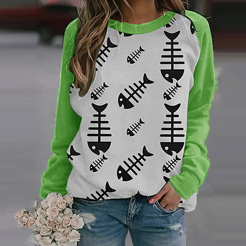 

Women's Painting T shirt Graphic Animal Long Sleeve Patchwork Print Round Neck Basic Tops Yellow Green Black