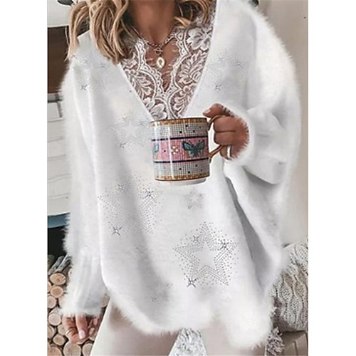 

Women's Stylish Lace Trims Solid Color Sweater Long Sleeve Sweater Cardigans V Neck Fall Winter Blue Blushing Pink White