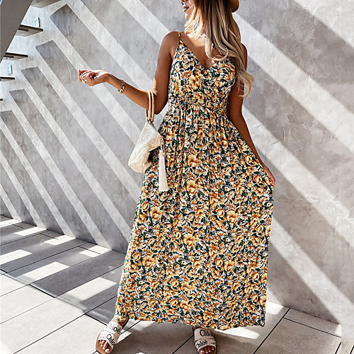 

Women's Swing Dress Maxi long Dress Yellow Red Sleeveless Floral Backless Print Summer V Neck Casual 2021 S M L XL