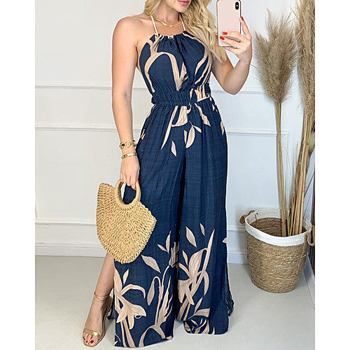 

Women's Casual Sexy Holiday Vacation Beach 2021 Blue Jumpsuit Flower Elastic Waistband