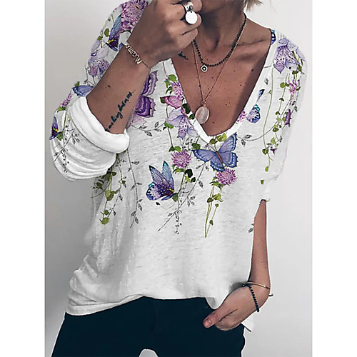 

Women's Butterfly T shirt Butterfly Long Sleeve V Neck Basic Tops White