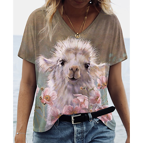 

Women's 3D Printed Painting T shirt Dog 3D Animal Print V Neck Basic Tops Brown