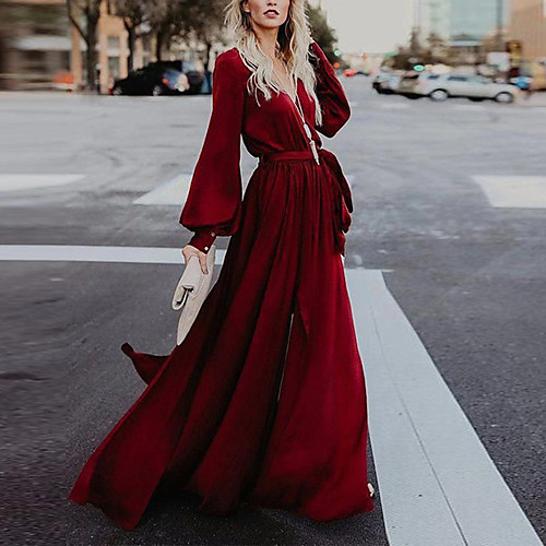 

Women's A Line Dress Maxi long Dress Purple Wine Green Long Sleeve Solid Color Split Fall Summer V Neck Casual 2021 S M L XL XXL