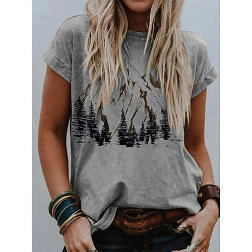 

Women's Abstract Painting T shirt Graphic Scenery Print Round Neck Basic Tops Gray