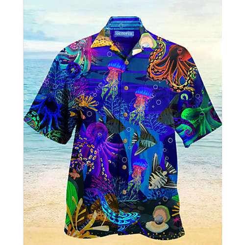 

Men's Shirt 3D Print Underwater World 3D Print Short Sleeve Holiday Tops Beach Blue
