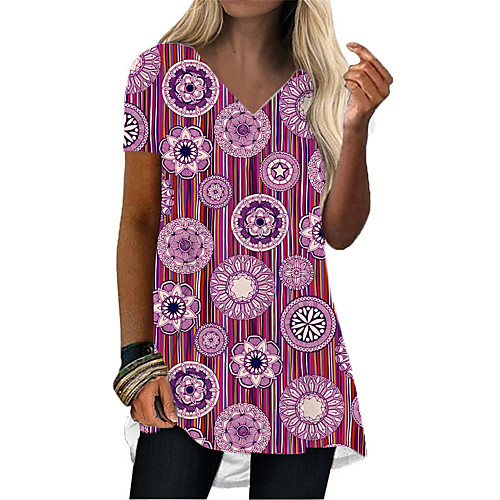 

Women's T Shirt Dress Tee Dress Short Mini Dress Purple Green Short Sleeve Floral Geometric Print Summer V Neck Casual 2021 S M L XL XXL 3XL