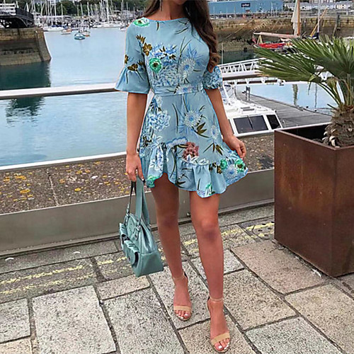 

Women's A Line Dress Short Mini Dress Blue khaki Violet Half Sleeve Flower Ruffle Spring Summer Round Neck Active 2021 S M L XL XXL