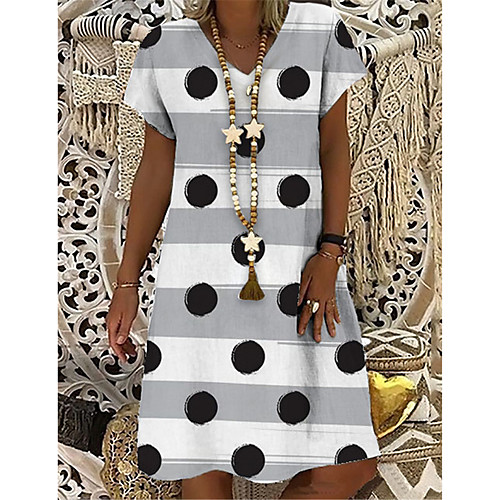 

Women's T Shirt Dress Tee Dress Knee Length Dress White Short Sleeve Polka Dot Striped Print Summer V Neck Casual 2021 S M L XL XXL 3XL