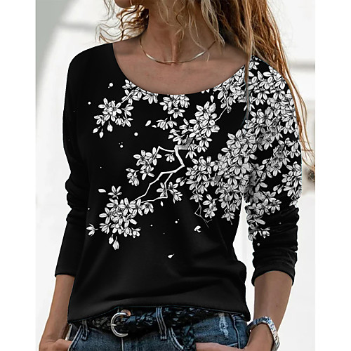 

Women's Floral Theme Painting T shirt Floral Graphic Long Sleeve Print Round Neck Basic Tops Black