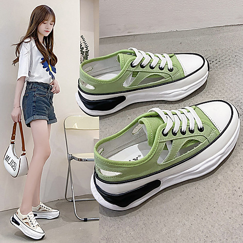 

Women's Sneakers Wedge Heel Round Toe Daily Beach Canvas PU Solid Colored Green White Black