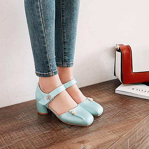 

Women's Heels Chunky Heel Square Toe PU Pearl Flower Solid Colored Blue