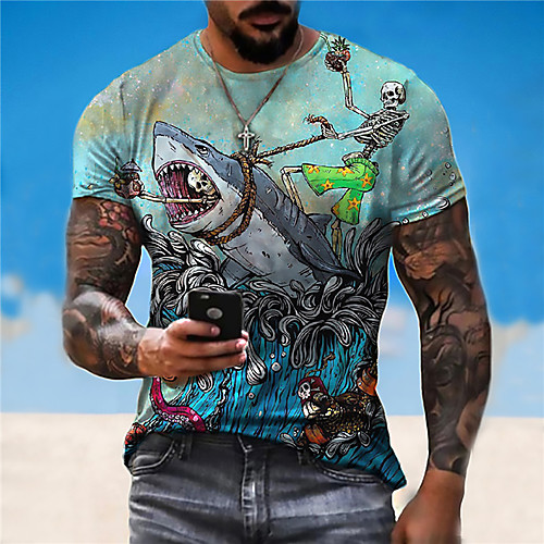 

Men's Unisex Tee T shirt Shirt 3D Print Graphic Prints Shark Print Short Sleeve Daily Tops Casual Designer Big and Tall Blue