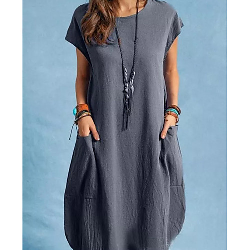 

Women's Shift Dress Midi Dress Blue Gray Black Short Sleeve Solid Color Pocket Spring Summer Round Neck Casual Holiday 2021 S M L XL XXL XXXL 4XL
