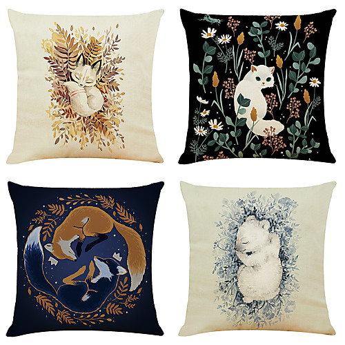 

4 pcs Faux Linen Pillow Cover, Art Deco Animal Simple Classic Square Zipper Traditional Classic