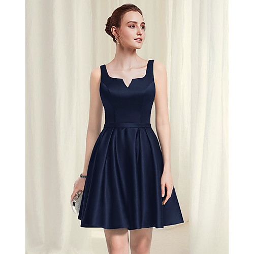 

A-Line Minimalist Sexy Homecoming Party Wear Dress Scoop Neck Sleeveless Short / Mini Satin with Pleats 2021